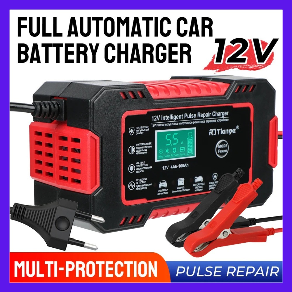 Charger Aki Mobil Lead Acid Smart Battery Charger 12V 4-100Ah - RJ-C120501A - Red Cas Aki Mobil Moto