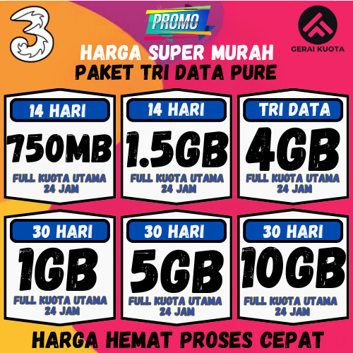 PAKET DATA TRI AON MASA AKTIF UNLIMITED SUPER MURAH