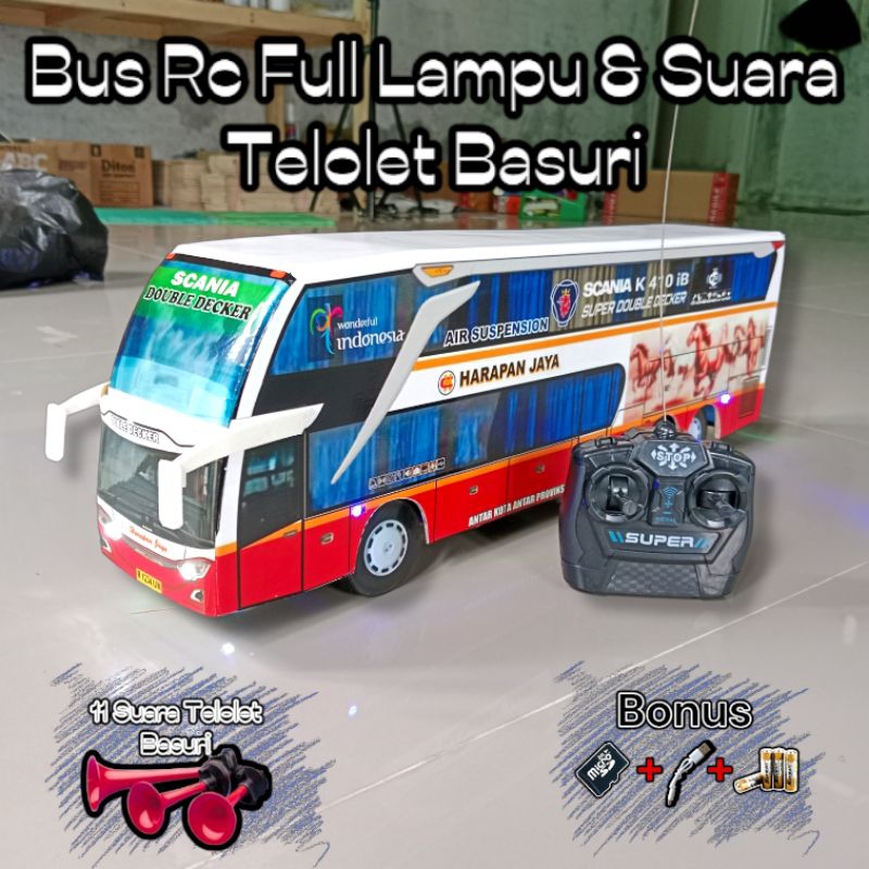 Mainan Bus Harapan Jaya Dobel Decker Remot Control Full Lampu dan suara telolet basuri