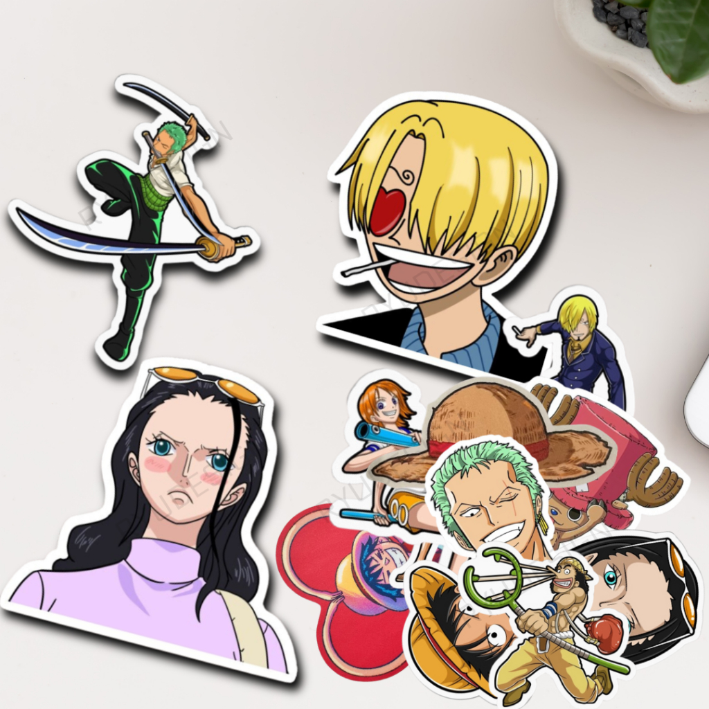 

Sticker Stiker Pack Anime One Piece Vinyl Glossy Diecut Luffy Zoro Robin Sanji Nami Jepang Motor Mobil Kecil Gear 5 Waterproof