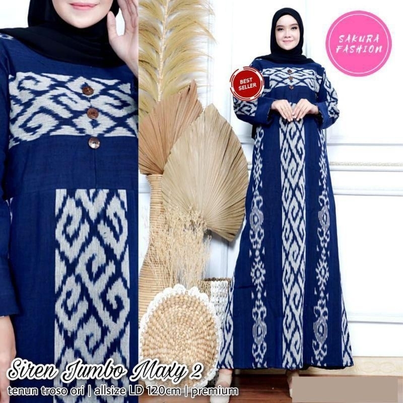 gamis etnik, long dress etnik motif toraja navy
