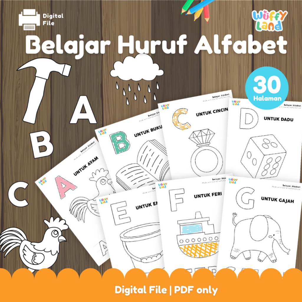 WUFFYLAND PDF DIGITAL FILE Aneka Printable Aktivitas Belajar Huruf Alfabet 30 Halaman Berisi Gambar 