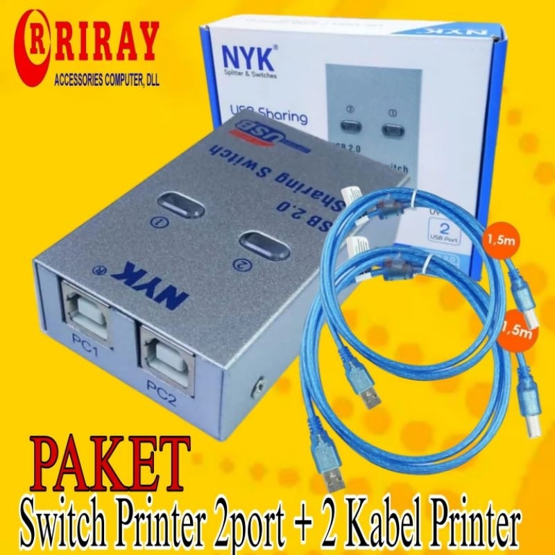 PAKET MURAH BANGET / KABEL + AUTO SWITCH PRINTER 2PORT USB SHARING 2 CABANG - NYK