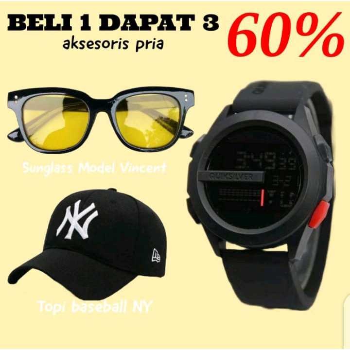 Promo Hemat Buy 1 Get 3  Jam Tangan Pria Tali Karet Digital Sport Tahan Air Gratis Topi Ny Dan Kacam