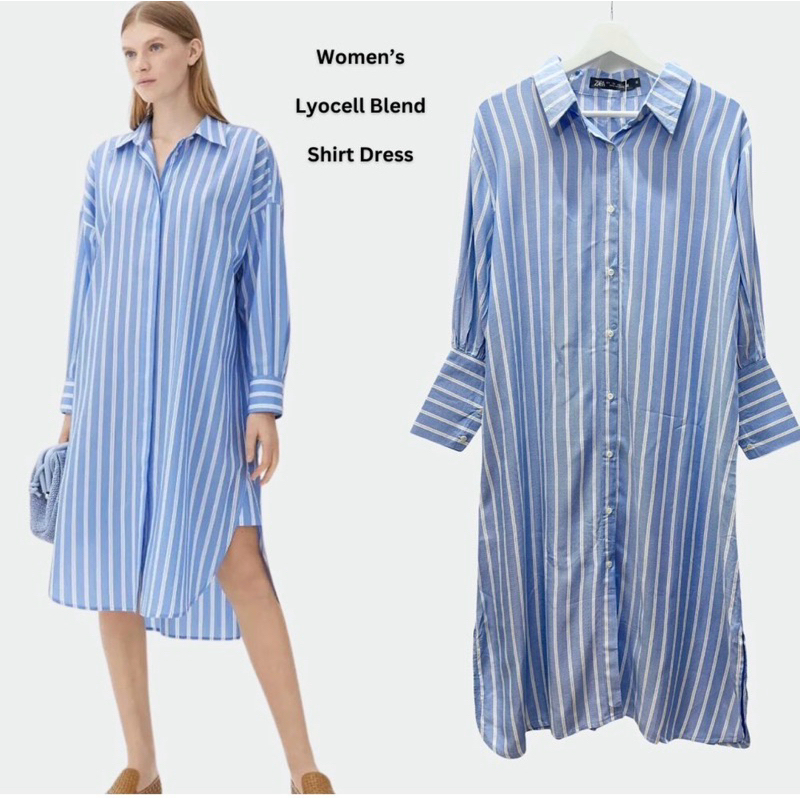 Midi Shirt Dress Stripe Blue (Lycell Blend Shirt Dress) brand ZARA Original