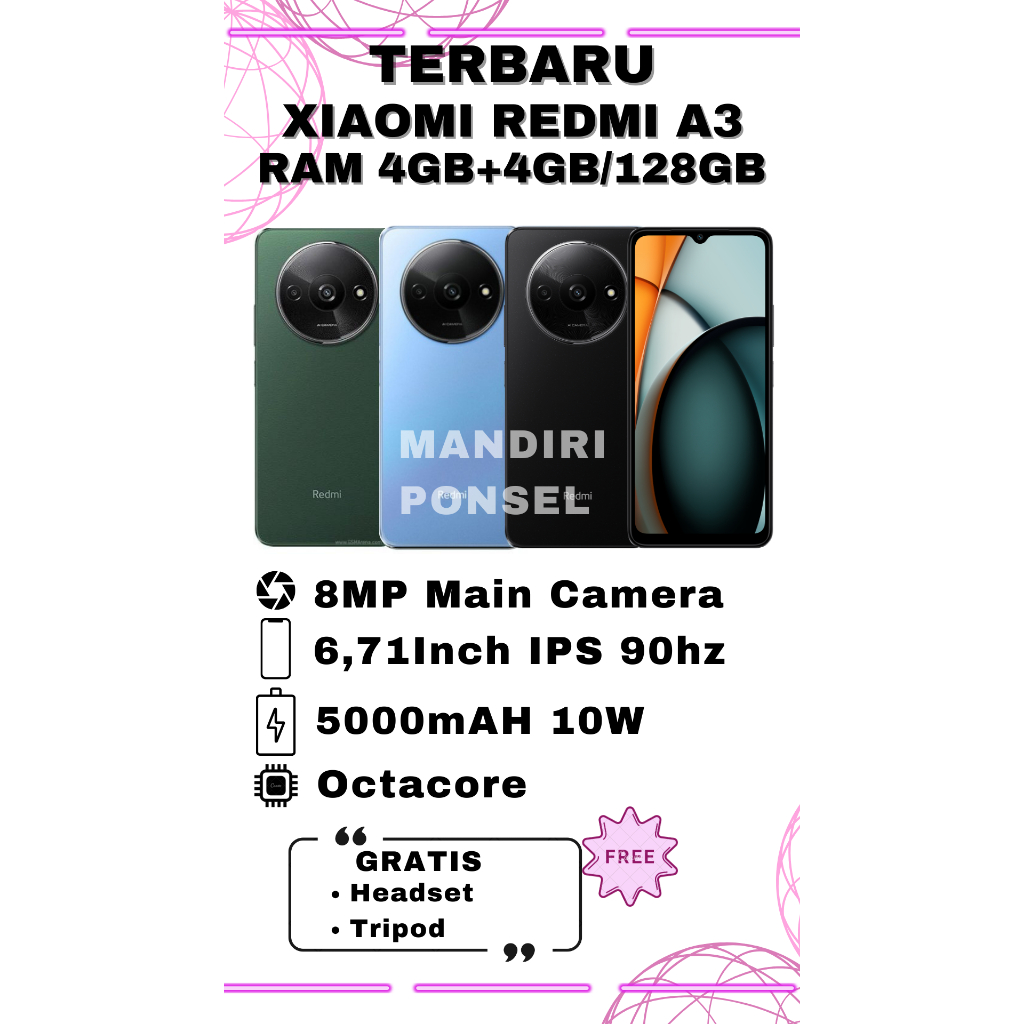 XIAOMI REDMI A3 RAM 8GB (4+4 EXTEND/128GB) GARANSI RESMI