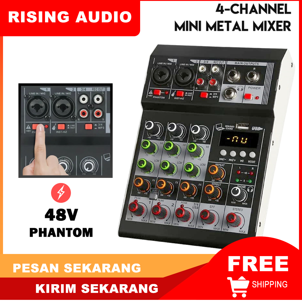 RISING AUDIO Audio Mixer 4 Channel Mini Audio Mixer DJ controller Mini Family KTV karaoke mixer USB/BT Effects Interface Mixer