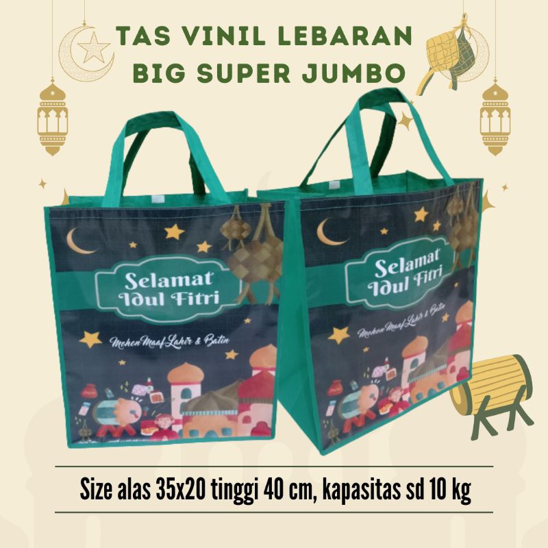 

Tas Idul Fitri Lebaran Super Jumbo Tenteng Vinil Spunbond ukuran 35x20x40 cm