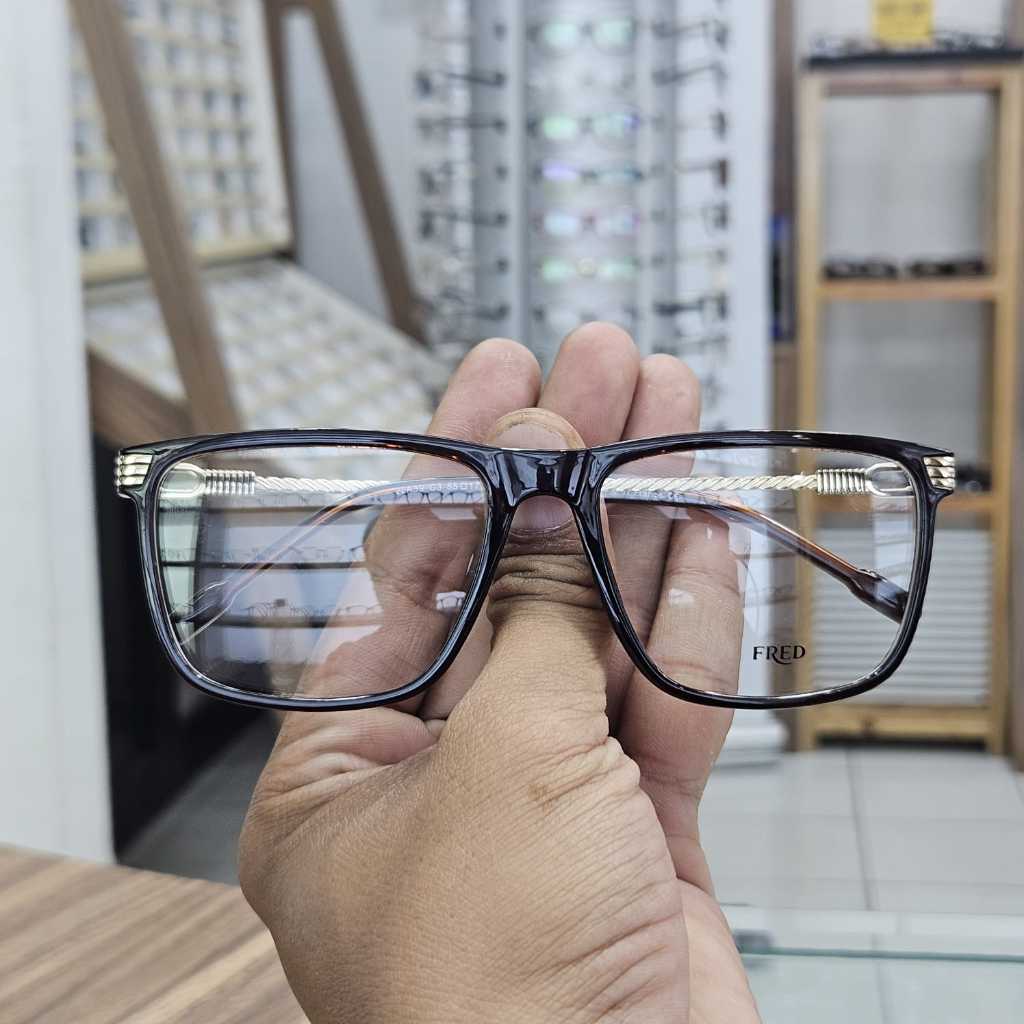 frame kacamata pria elegan kotak fred 22A39 coklat glossy gold