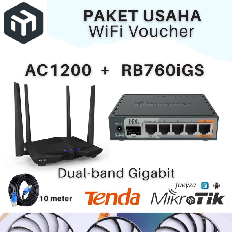 Paket Usaha Wifi Hotspot Voucher RT RW NET Full Setting MikroTik RB760iGS + Tenda AC1200 Gigabit