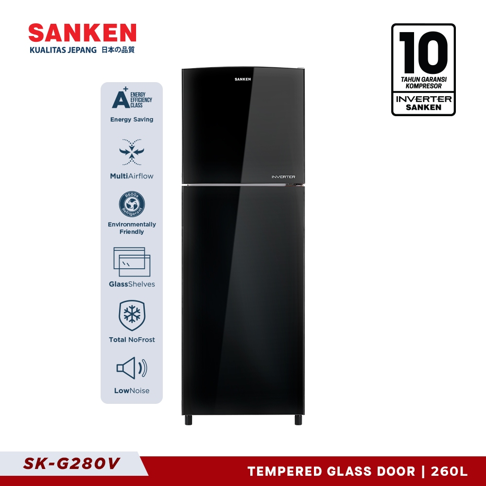 Sanken Kulkas 2 Pintu 194L SK-G280V-BK Lemari Es Inverter Tempered Glass Refrigerator