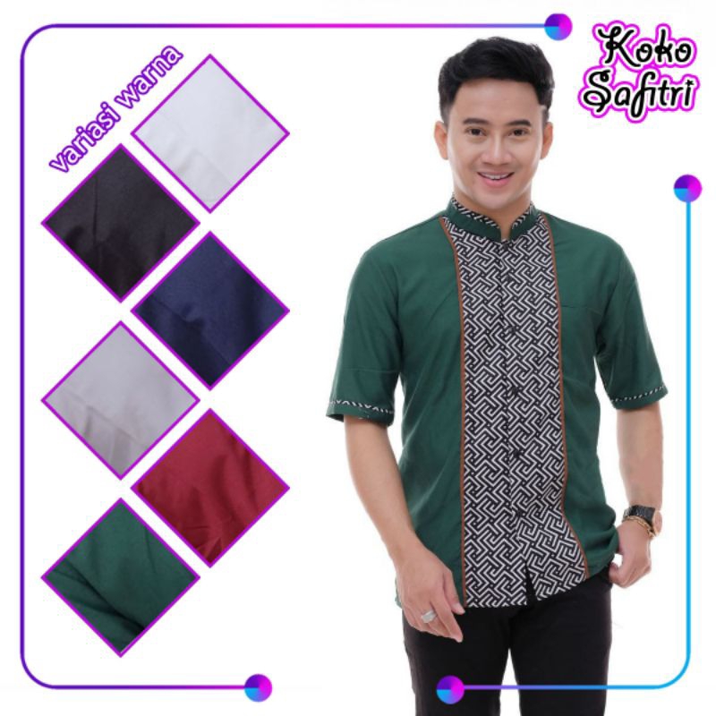 HEM KEMEJA LENGAN PENDEK BAHAN PREMIUM  MODERN KOMBINASI MOTIF BATIK PRIA MURAH WARNA HITAM MERAH
