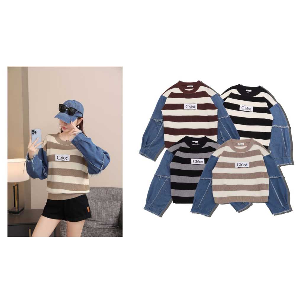 Blouse Cewek Stripe Salur Rajut Kombinasi Jeans / Atasan sweater ala style korea perempuan import pr