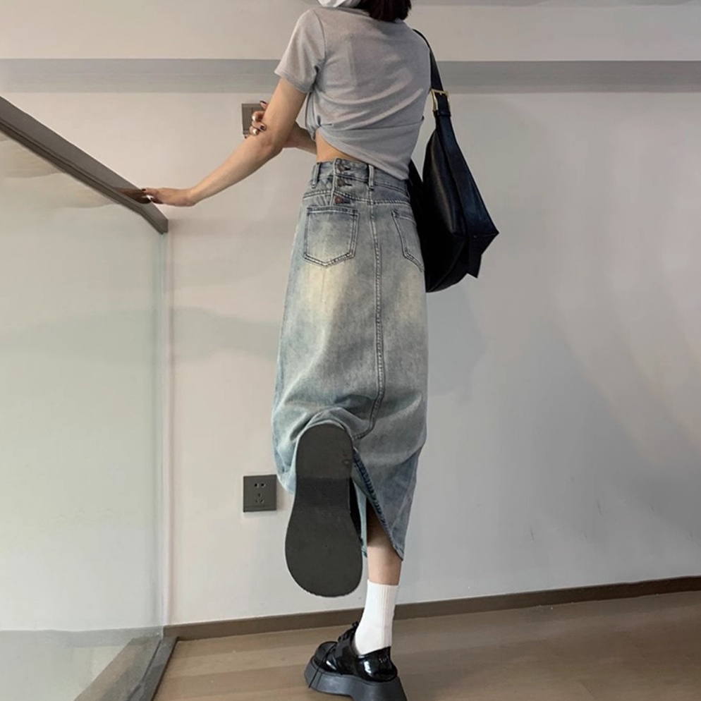 Sudah READY Rok Aline Belahan Pinggang Tinggi Retro Korea Rok Panjang Denim Murah