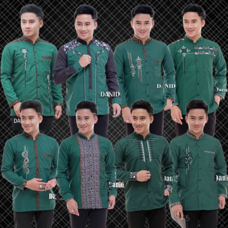 Baju Koko Pria Modern Lengan Panjang Kombinasi Bordir Warna Hijau Botol Baju Koko Ramadhan/Baju Lebaran Terlaris 2024