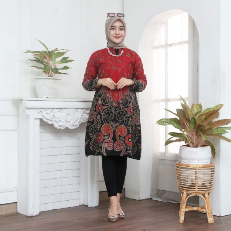 Batik couple dress / tunik wanita dan kemeja batik pria lengan panjang warna merah