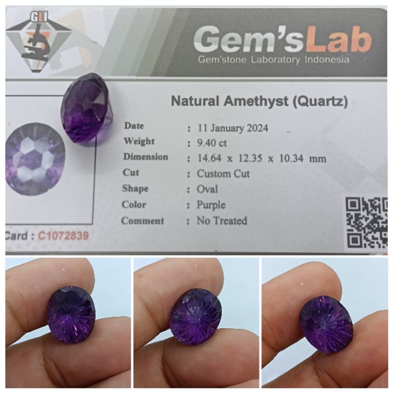 Natural Top Purple Amethyst 9,4 ct Kecubung Bungur memo GLI