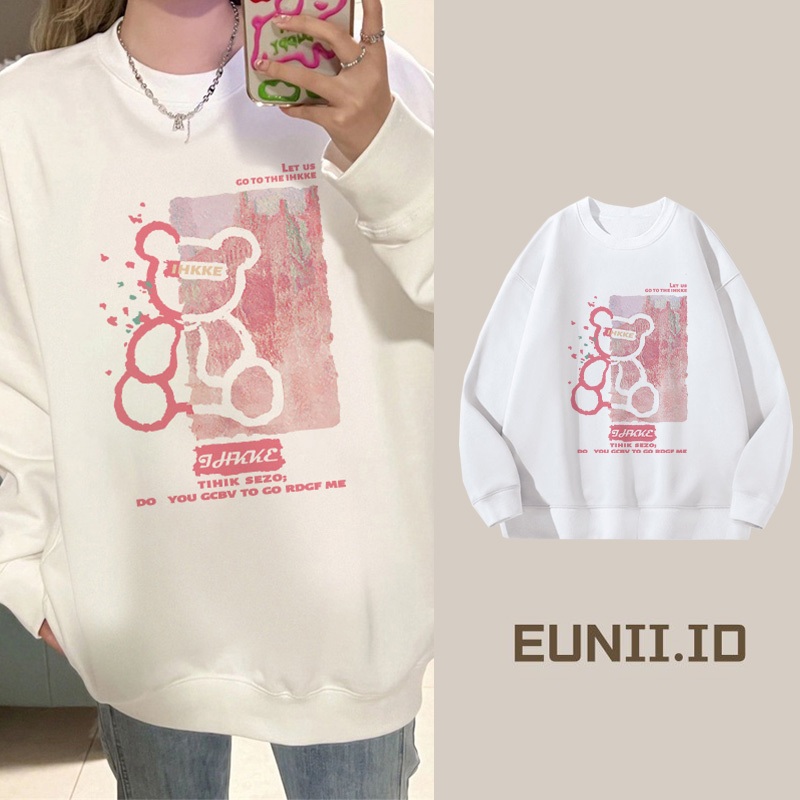 EUNII Sweater Putih Line Bear Sweater Lengan panjang Model Versi Korea/Pakaian Wanita/Sweater Wanita