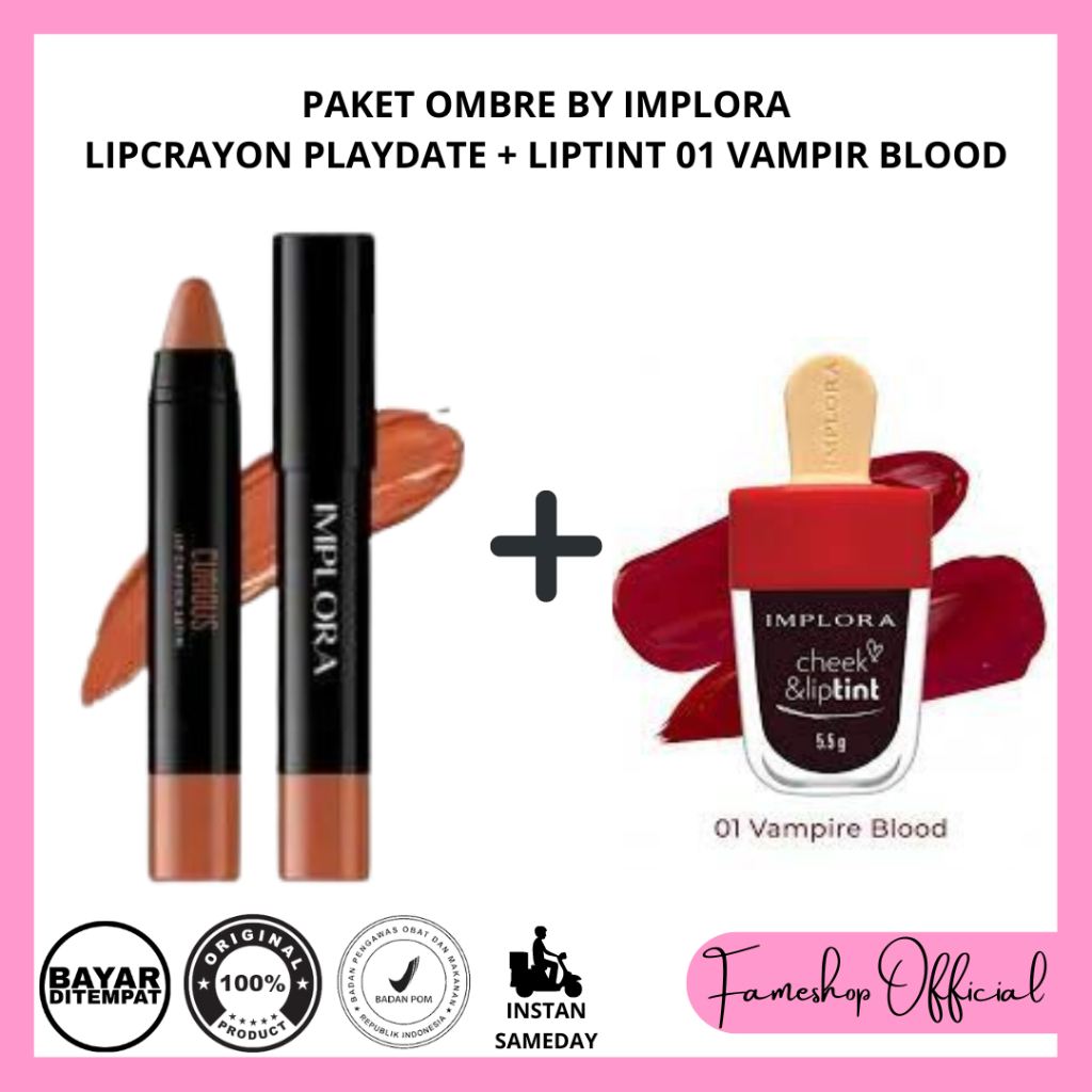 1 SET OMBRE IMPLORA LIP CRAYON SATIN PLAY DATE + LIPTINT 01 VAMPIRE BLOOD / Lipcrayon Lip tint Ombre