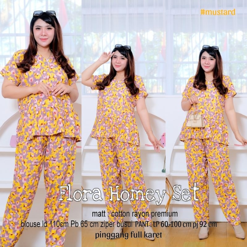 FLORA HOMEY SET / SETELAN WANITA PREMIUM COTTON RAYON HQ LD 110 CM / SET BLOUSE LENGAN PENDEK BUSUI 