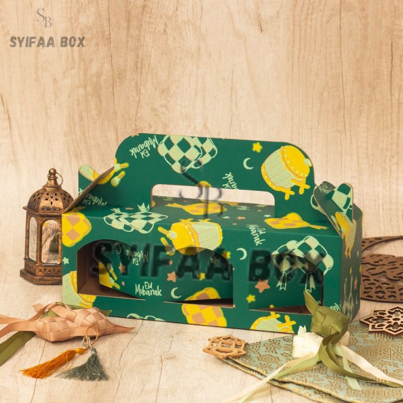 

( 10 pcs ) Box Jinjing Toples Jar 600ml isi 3 Kardus Tenteng Toples Kuker Hampers Parcel Lebaran Hijau Ketupat