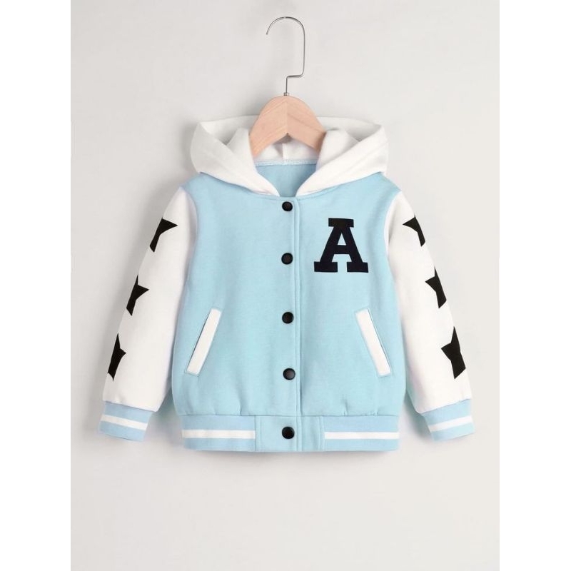 Jaket anak Varsity kancing Inisial A hoodie biru hitam pink 1-12 th