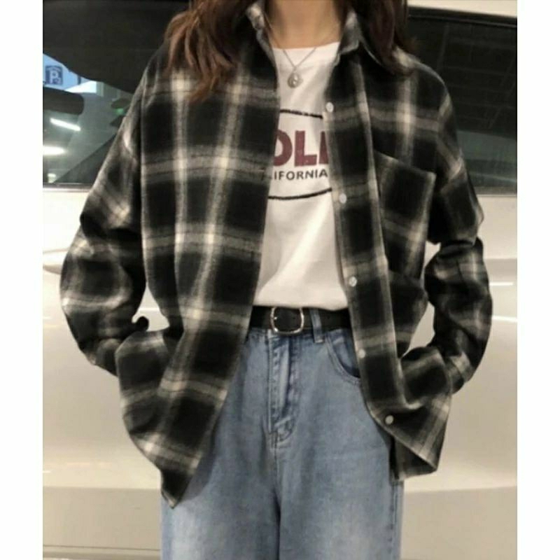 kemeja flanel lengan panjang / Flanel pria wanita / kemeja kotak-kotak / outfit kekinian