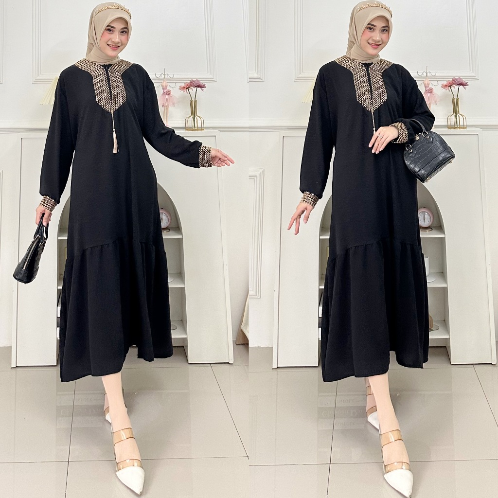 Gamis Sultan Renda Busui Bahan Crinkle Airflow Premium Dress Abaya Sultan Polos Simple