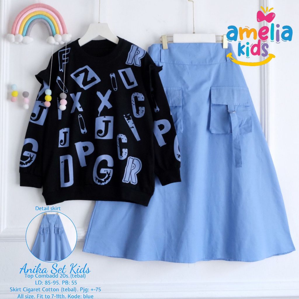 [AMELIA KIDS] ANIKA SETROK SETELAN ANAK SET KIDS ONE SET SKIRT ROK KARGO KIDS SETELAN KAOS REMAJA TA
