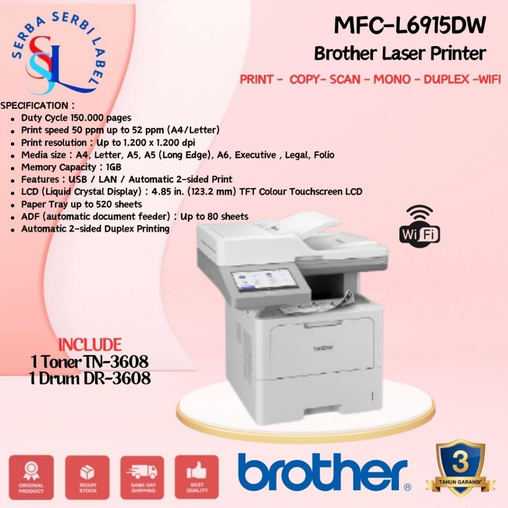 Brother MFC-L6915DW Printer Laser Monokrom All-in-One Wireless 52ppm Duplex NFC
