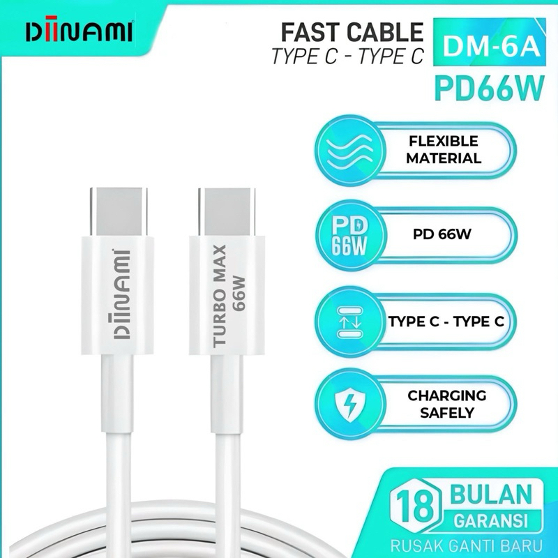 KABEL CHARGER DIINAMI USB TYPE C - TYPE C DM-6A 66W SUPER FAST CHARGING QUICK CHARGER PENGISIAN DAYA