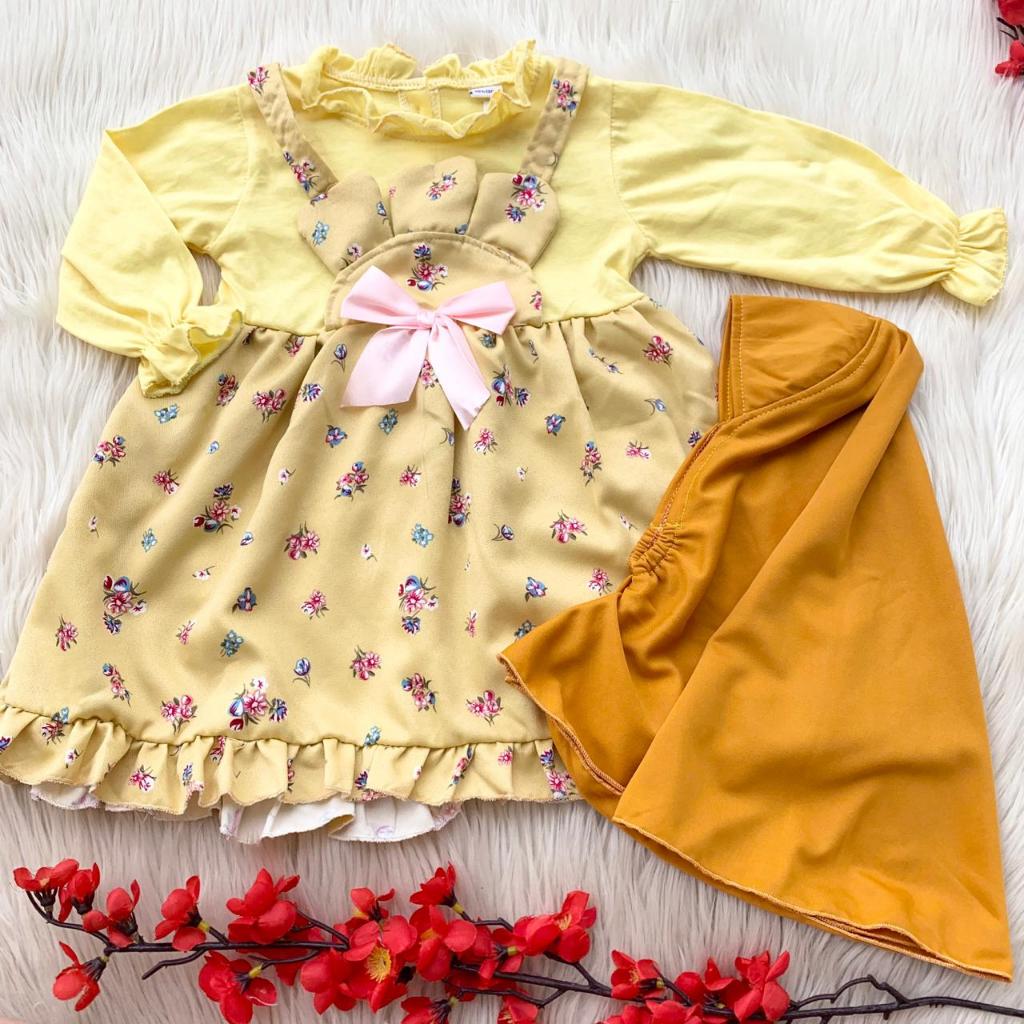 Baju setelan gamis free kerudung lucu anak bayi cewek muslimah lebaran murah bestseller top -flo
