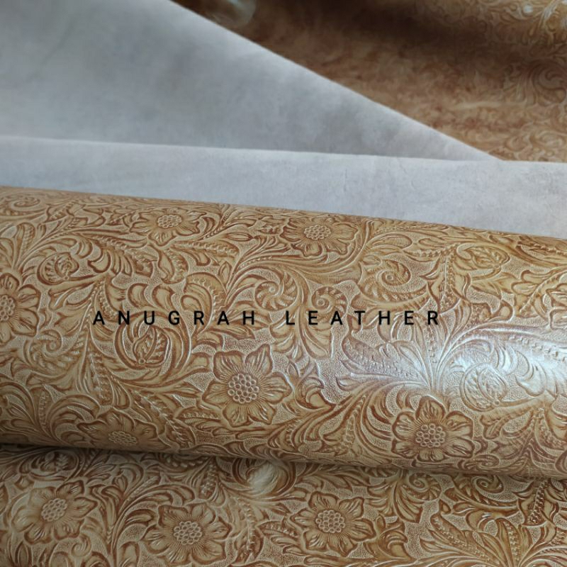 Kulit Sapi Asli Lembaran Embos Motif Batik Bunga Warna Coklat Ketebalan 1.5 mm
