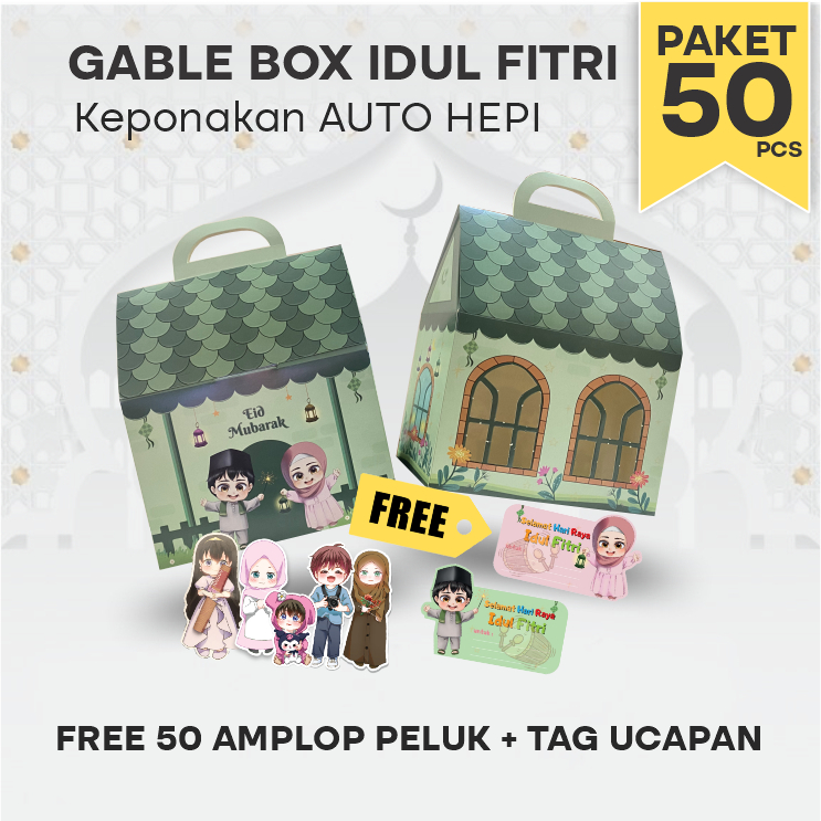 

Gable Box Hampers Lebaran 50pcs/ Motif Rumah Idul Fitri / Parcel Hari Raya Anak Keponakan (Paket 50pcs)