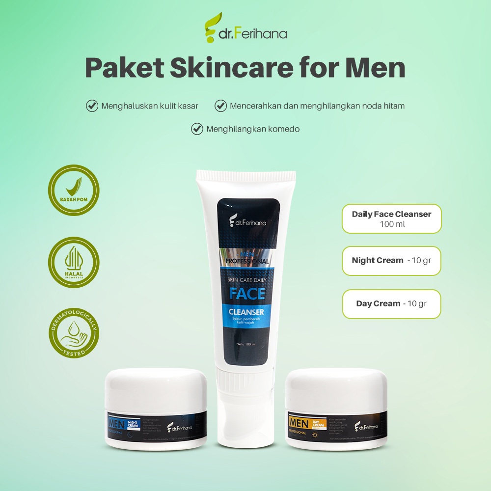 [Paket Hemat Skincare For Men] dr. Ferihana (Facial Wash | Day Cream | Night Cream) | Menghaluskan M