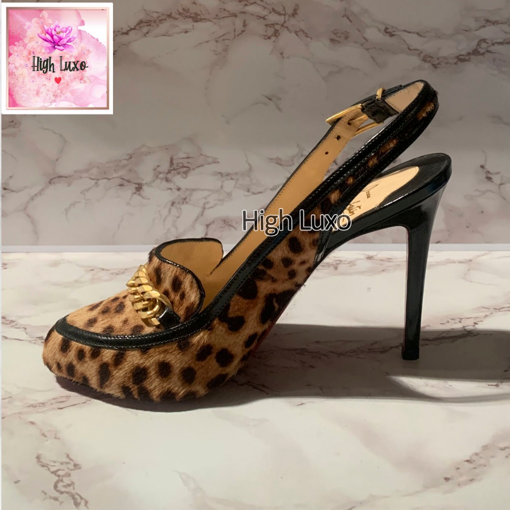 Christian Louboutin Leopard Print Size 38 Pony Hair And Black Patent Trim Chain Embellished Slingbac