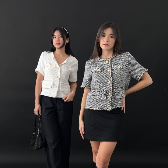 CARDIGAN ARIANA TWEED SHORT SLEEVE TOP - KARDIGAN ARIANA TWEED TANGAN PENDEK PREMIUM