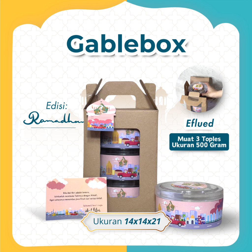 

(1 Set) E-FLUTE/Gable Box 14x14x21 cm Box Toples Kue/ Toples 500gram Isi 3 / Dus jinjing/ Box tenteng