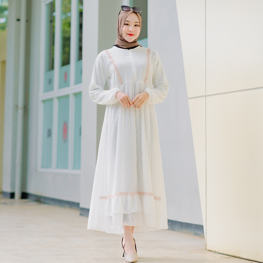 Gamis Ceruty Babydoll Renda Warna Putih Polos Jumbo Gamis Syari