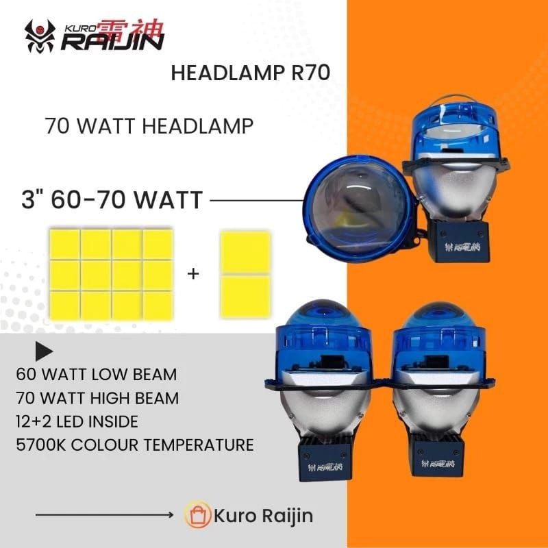 KURO RAIJIN R70 HEADLAMP PROJECTOR BILED 3 INCH