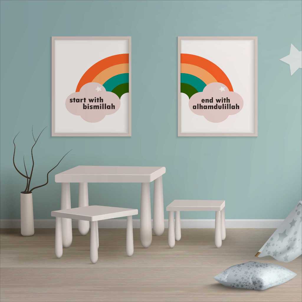 Pajangan Hiasan Dinding Awali Dengan Bismillah akhiri dengan Alhamdullilah untuk Dekorasi Dinding Ru