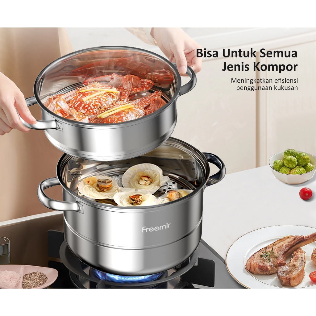 [LIVE TERBATAS] FREE PIRING DISPOSABLE 10PCS freemir Panci Kukus 3 Susun Tutup Kaca Kukusan Stainless Steel Tebal Steamer Pot 4Liter