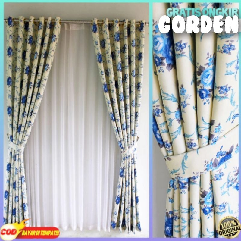 gorden jendela murah bahan Blackout import motif bunga sakura warna biru