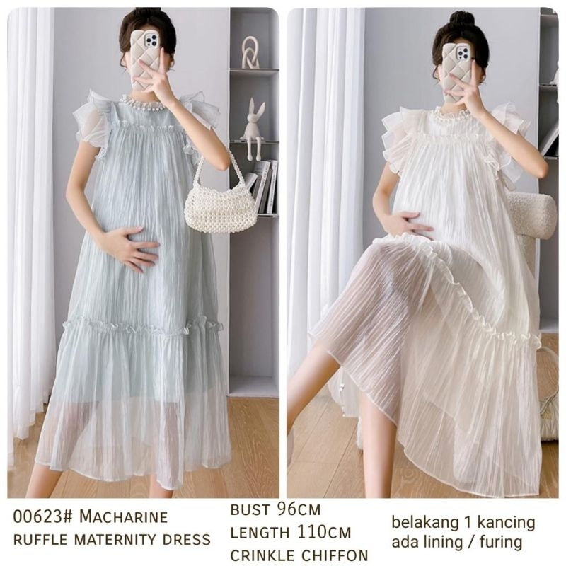 00623 Baju DRESS IBU HAMIL MACHARINE RUFFLE REMPEL MATERNITY PREMIUM dres biru putih polos Korea Kor