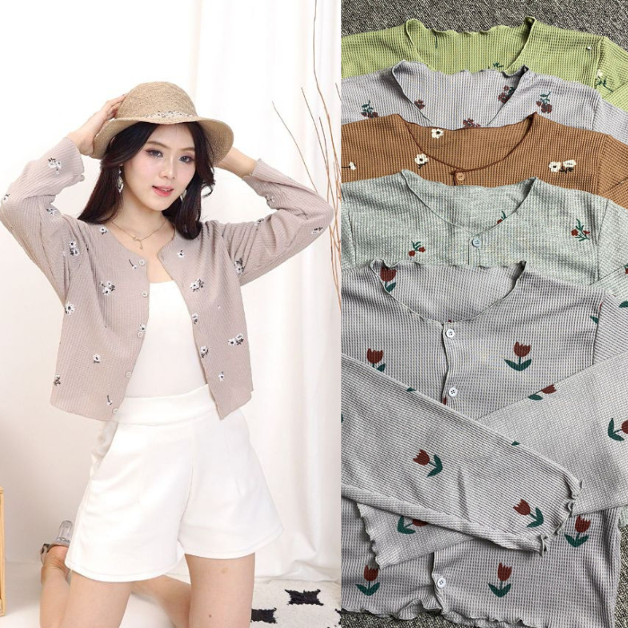 Cardigan wanita - Korean Long Sleeve Cardigan Button Crop Top - Cardigan Lengan Panjang Kancing - ka