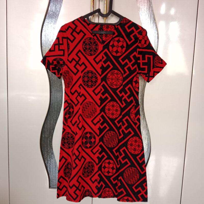 Dress Batik Katun Strech Kombinasi Merah Hitam Remaja Dewasa LD82cm