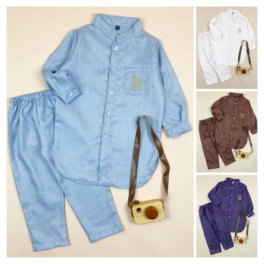 Setelan Baju Lebaran Kemeja Koko Kurta Linen Anak Laki laki Premium