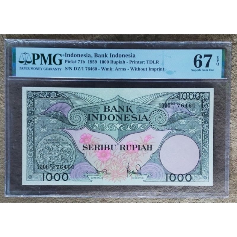Uang Kuno 1000 Rupiah Tahun 1959 Seri Bunga PMG 67 EPQ Langka