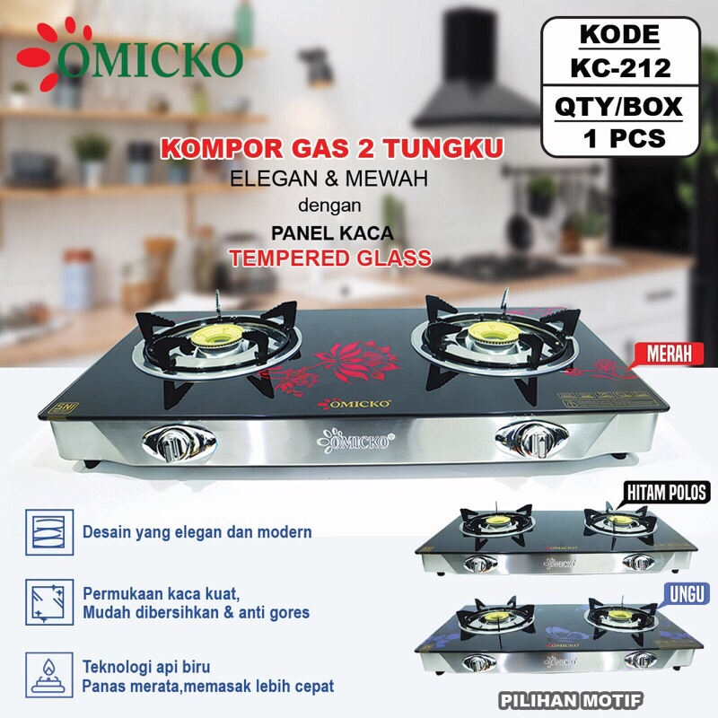 kompor Gas kaca 2 Tungku Omicko KC-212 Kompor Tempered Glass 2 Tungku