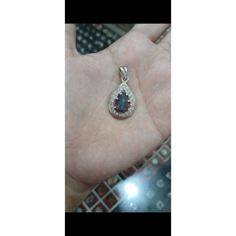 liontin batu permata black oval ikat perak